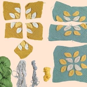 VTG Granny Squares Crochet & Knit Blocks Yellow Green Unfinished Project Yarn